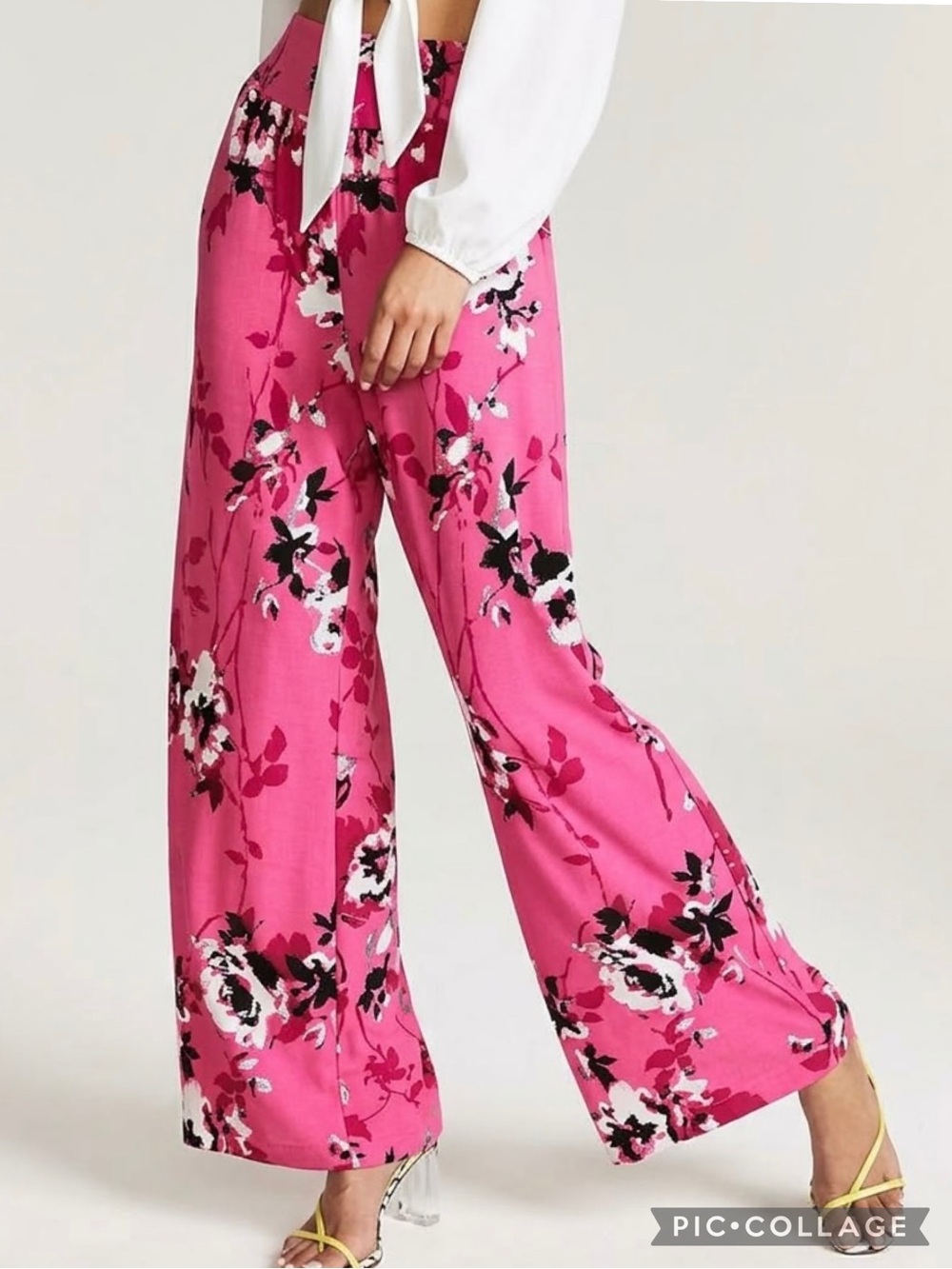 Bar III Palazzo Pants Floral Pink Knit Smocked Waist Straight Full Leg M Boho